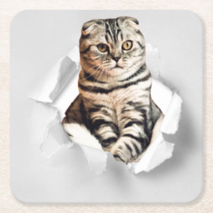 Porta-copo De Papel Quadrado Engraçado ilusão de papel rasgado por um gato gr