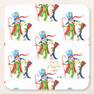 Porta-copo De Papel Quadrado Engraçado Snowman Penguin Dourado Glitter Feliz Na