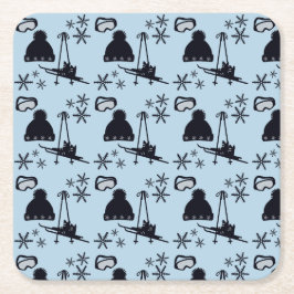 Porta-copo De Papel Quadrado Equipamento de esqui preto e flocos de neve em azu