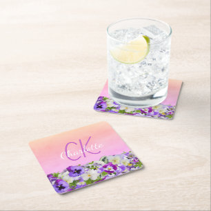 Porta-copo De Papel Quadrado Escrito cor-de-rosa com nome floral monograma