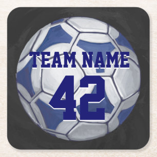 Porta-copo De Papel Quadrado Esfera de Futebol Azul e Branco Nome e Número