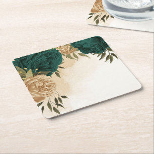 Porta-copo De Papel Quadrado Esmeralda verde bege dourado botânico casamento