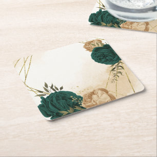 Porta-copo De Papel Quadrado Esmeralda verde bege dourado botânico casamento
