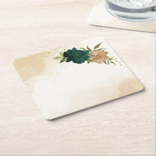 Porta-copo De Papel Quadrado Esmeralda verde bege dourado botânico casamento