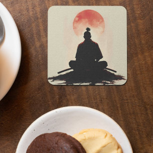 Porta-copo De Papel Quadrado Espírito Guerreiro Samurai Pôr do Sol Meditação