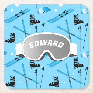Porta-copo De Papel Quadrado Esquiador Esqui Personalizado Tema Azul Apres Ski