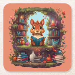 Porta-copo De Papel Quadrado Esquilo Lendo Em Uma Estante de Livros Antiga