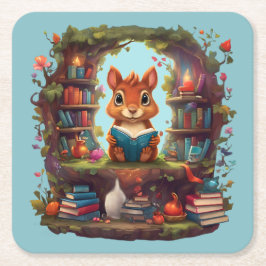 Porta-copo De Papel Quadrado Esquilo Lendo Em Uma Estante de Livros Antiga