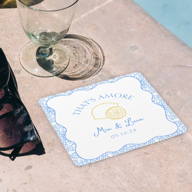 Porta-copo De Papel Quadrado Esse é o casamento personalizado de Azulejos Azuis ("Add playful charm to your wedding with 'That's Amore' lemon coasters, fully customizable with names)
