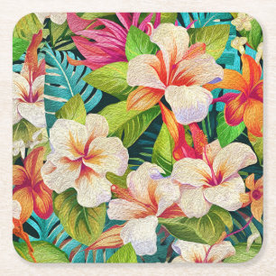 Porta-copo De Papel Quadrado Estilo de Pintura a Óleo Floral Tropical