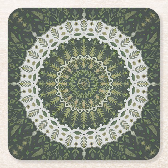 Porta-copo De Papel Quadrado Estilo Eclético Boêmiano Folha Verde Mandala (Frente)