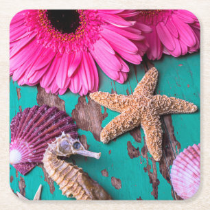 Porta-copo De Papel Quadrado Estrados e cavalo marinho cor-de-rosa com estrela