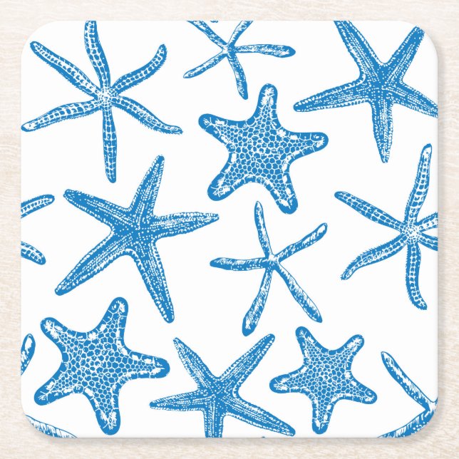 Porta-copo De Papel Quadrado Estrelas do mar em azul (Frente)
