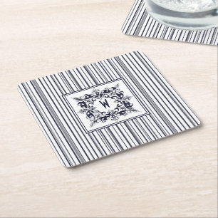 Porta-copo De Papel Quadrado Etiqueta de Vintagem de Stripe Azul marinho e Mono