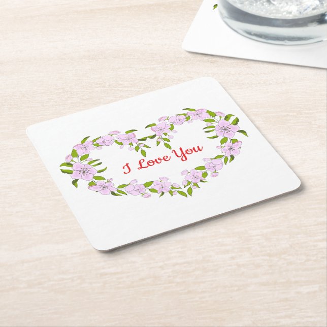 Porta-copo De Papel Quadrado Eu amo você Flores fofas (Inclinado)
