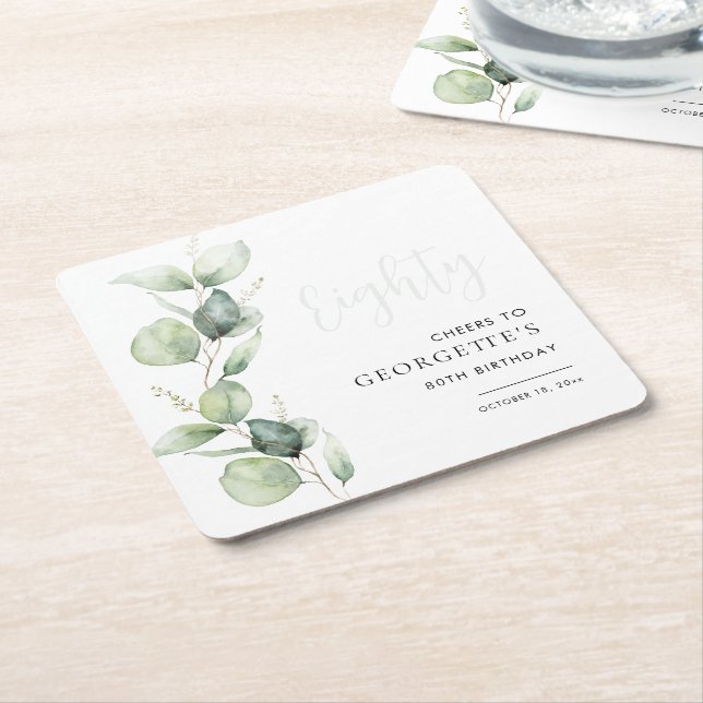 Porta-copo De Papel Quadrado Eucalyptus 80 Birthday (Inclinado)