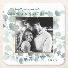 Porta-copo De Papel Quadrado Eucalyptus Greenery Watercolor Foliage Dusty Blue