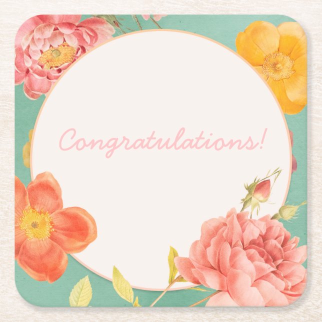 Porta-copo De Papel Quadrado Evento Floral Personalizável (Frente)