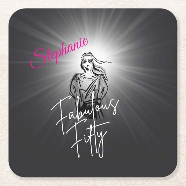 Porta-copo De Papel Quadrado Fabulous Fifty Woman Black Sketch 50th Birthday (Frente)