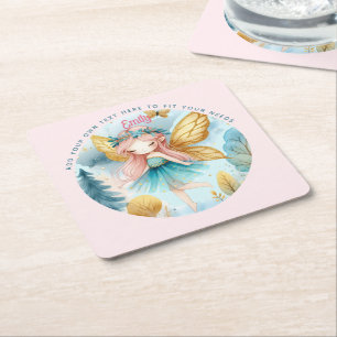 Porta-copo De Papel Quadrado Fada Aniversário Teal Dourada Princesa Rosa Fairyt