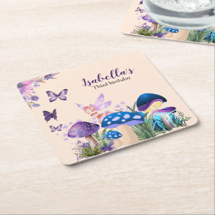 Porta-copo De Papel Quadrado Fadas Meninas Cogumelo Roxo Borboleta Aniversário