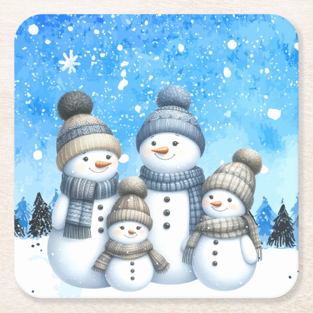 Porta-copo De Papel Quadrado Família bonitinha de neve na neve (Frente)