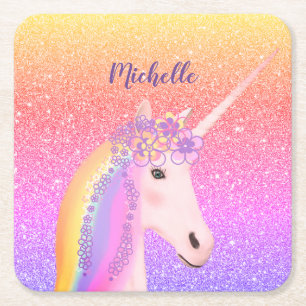 Porta-copo De Papel Quadrado Fantasia Cute Glitter Rainbow Unicorn Personalizad