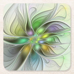 Porta-copo De Papel Quadrado Fantasia Floral Colorida Moderno Abstrato Fractal