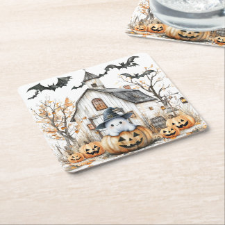 Porta-copo De Papel Quadrado Fantasma Branco e Laranja, de outono