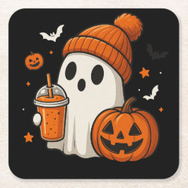 Porta-copo De Papel Quadrado Fantasma de Halloween Fofo com Abóbora e Bebida