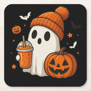 Porta-copo De Papel Quadrado Fantasma de Halloween Fofo com Abóbora e Bebida