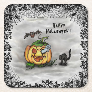 Porta-copo De Papel Quadrado Fantasma, Gato, Bat e Pumpkin, Feliz Halloween!