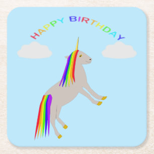 Porta-copo De Papel Quadrado Fantasy Birthday Unicorn Rainbow and Clouds