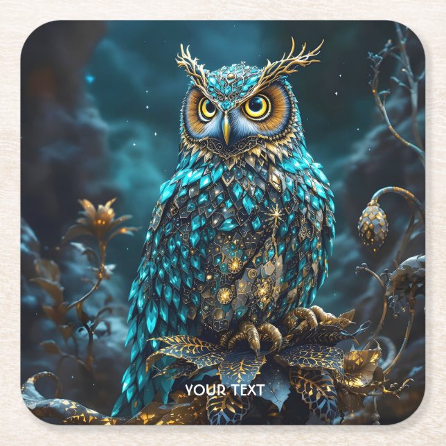 Porta-copo De Papel Quadrado Fantasy Cute Brass Turquoise Owl (Frente)