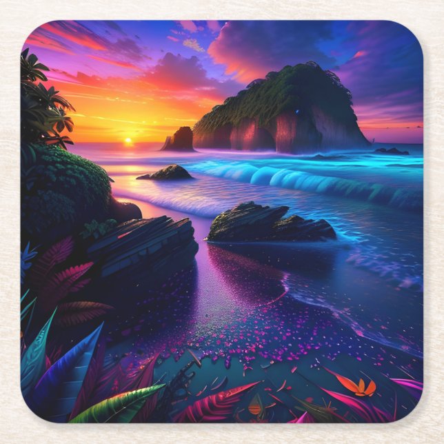 Porta-copo De Papel Quadrado Fantasy Tropical Beach One (Frente)