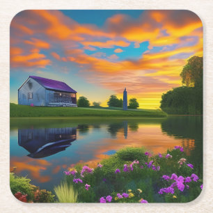 Porta-copo De Papel Quadrado Farmhouse Purple Roof Pond em Sunrise