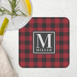 Porta-copo De Papel Quadrado Farmhouse Red Buffalo Check Family Name Monograma<br><div class="desc">Portas copos de papel monograma personalizadas,  com monograma personalizado e nome da família em um padrão de verificação/xadrez/gingham de búfalos preto e vermelho.</div>
