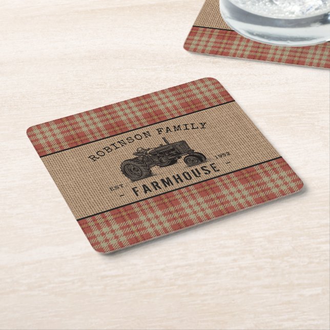 Porta-copo De Papel Quadrado Farmhouse Russo Trator Red Xadrez Burlap (Inclinado)