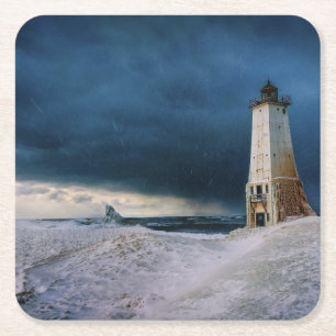 Porta-copo De Papel Quadrado Faróis Lago Frankfort Lighthouse Michigan