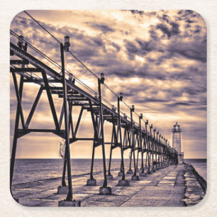 Porta-copo De Papel Quadrado Farol e píer de Grand Haven, Grand Haven