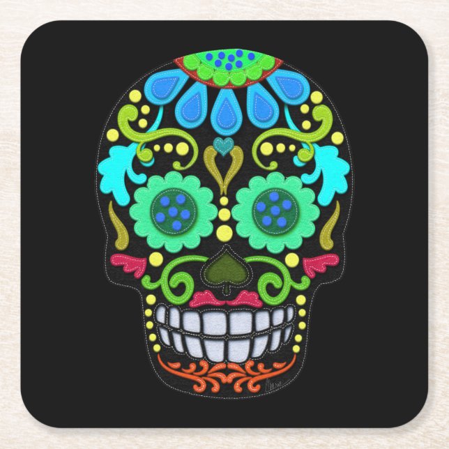 Porta-copo De Papel Quadrado Faux Felt Style Sugar Skull (Frente)