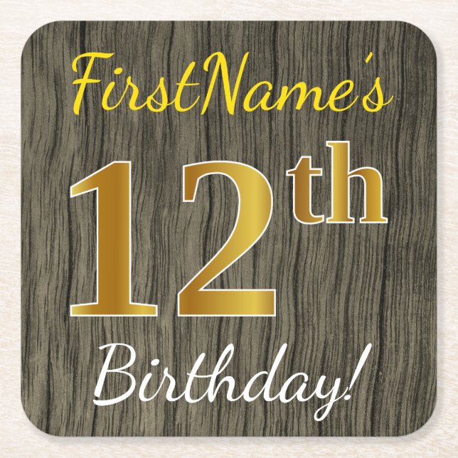 Porta-copo De Papel Quadrado Faux Wood, Faux Dourada 12 Birthday + nome persona (Frente)