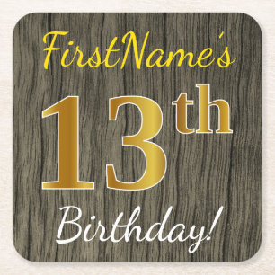 Porta-copo De Papel Quadrado Faux Wood, Faux Dourada 13 Birthday + nome persona