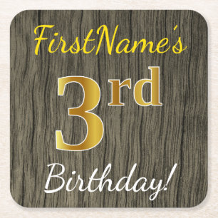 Porta-copo De Papel Quadrado Faux Wood, Faux Dourada aniversário de 3 anos + N