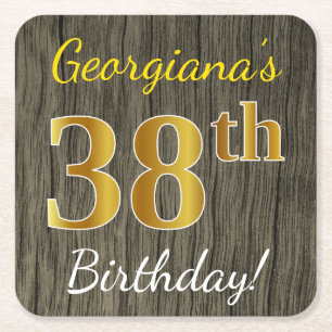 Porta-copo De Papel Quadrado Faux Wood, Faux Dourado 38.º Aniversário + Nome Pe