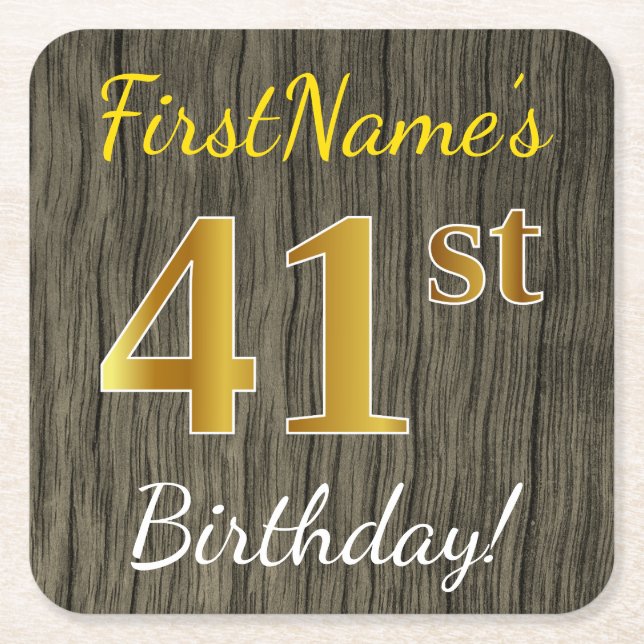Porta-copo De Papel Quadrado Faux Wood, Faux Dourado 41rua Birthday + Nome Pers (Frente)