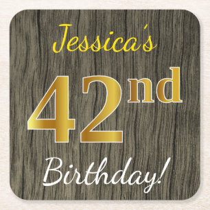 Porta-copo De Papel Quadrado Faux Wood, Faux Dourado 42º Aniversário + Nome Per