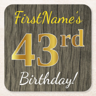 Porta-copo De Papel Quadrado Faux Wood, Faux Dourado 43º Aniversário + Nome Per