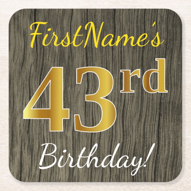 Porta-copo De Papel Quadrado Faux Wood, Faux Dourado 43º Aniversário + Nome Per (Frente)
