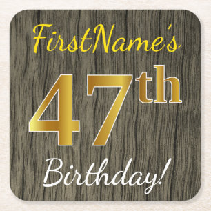 Porta-copo De Papel Quadrado Faux Wood, Faux Dourado 47.º Aniversário + Nome Pe